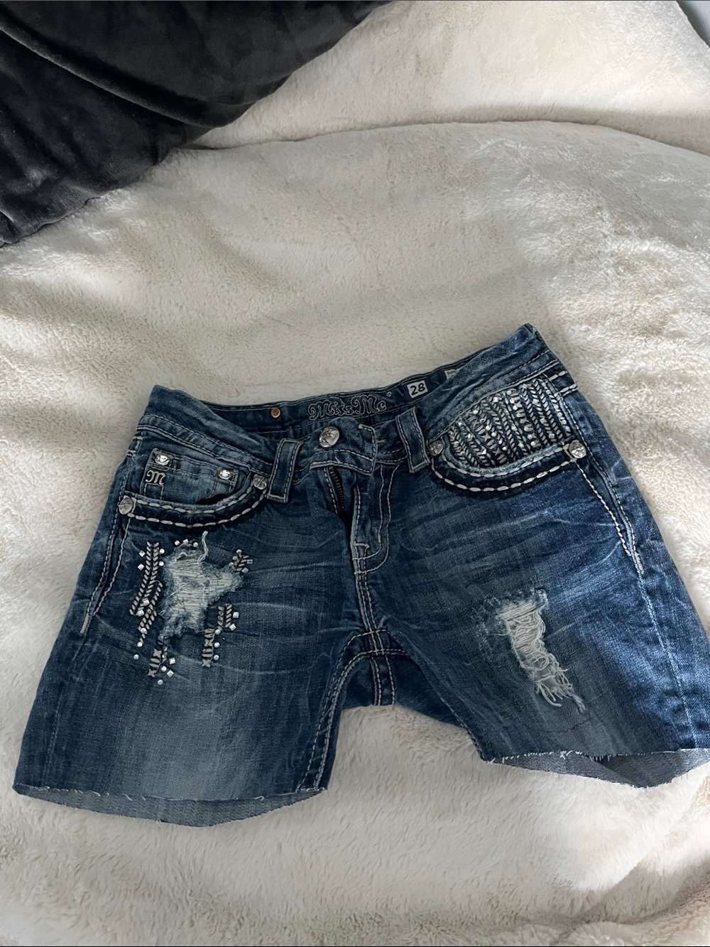 Miss Me Dark Blue Embellished Distressed Jean Shorts -